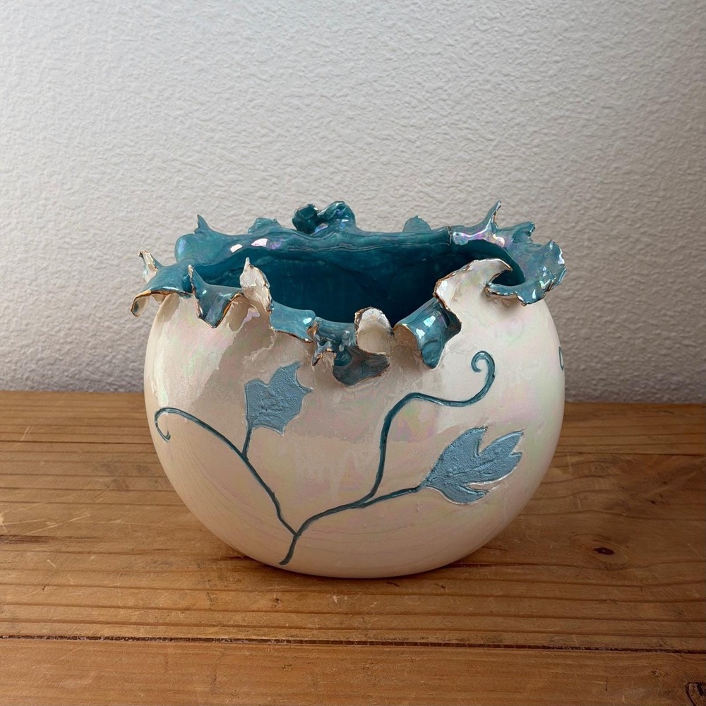 Luster Glaze Ceramic Vessel Sculptural Teal‎ Ivy Studio Pottery Handmade Signed
